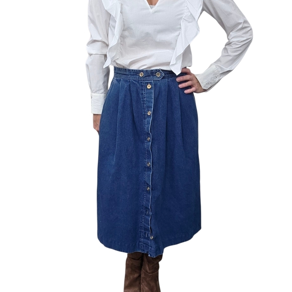 Vintage Russ Denim Button Front Midi Skirt High Waist USA Made Cottagecore Sz 12